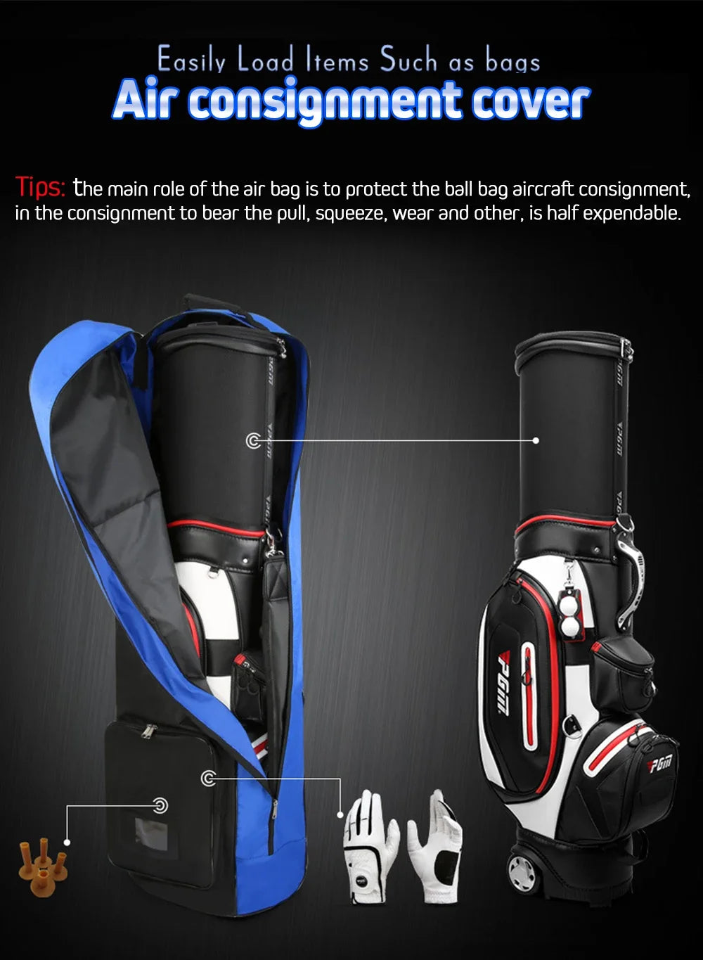 PGM Golf Aviation Bag – Large Capacity Foldable Golf Bag with Silent Wheels for Airplane Travel, HKB002