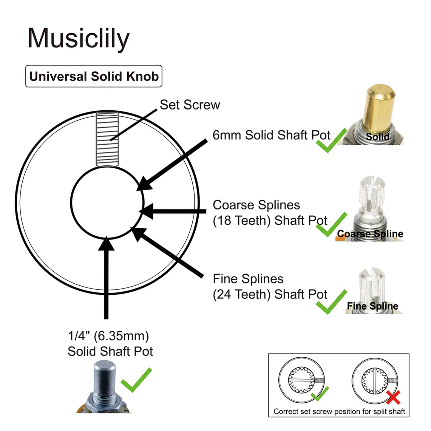 Musiclily Pro Steel Guitar Knobs - 1/4 Inch Fine Knurled Flat Top Control Knobs with Set Screws for Bass & Electric Guitar