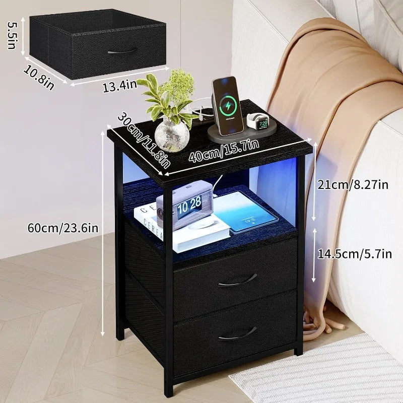 LED Nightstand with Charging Station – USB Ports, Outlets & 2 Fabric Storage Drawers Bedside Table