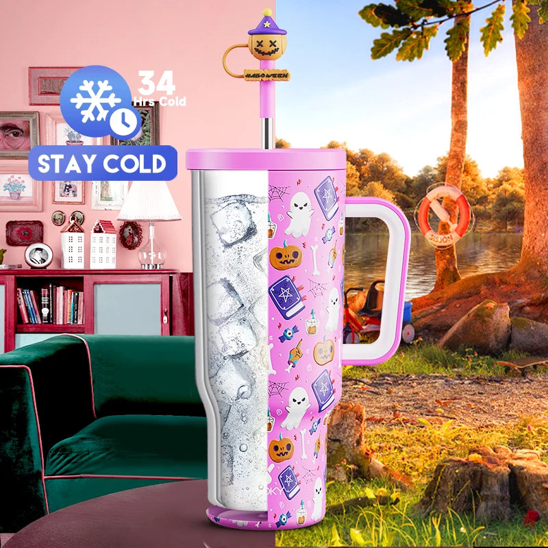 Meoky 40oz Halloween Tumbler with Straw – Insulated Stainless Steel Coffee Cup, Leak-Proof, Non-Slip, Portable Vacuum Car Mug
