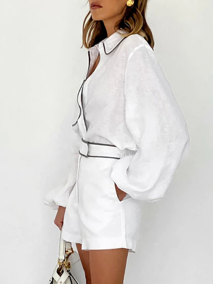 Summer Women’s Elegant Two-Piece Set – Cotton Linen Long-Sleeve Shirt & Shorts, Black & White Contrast