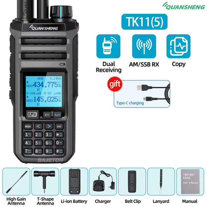 Quansheng TK11-8 10W Walkie Talkie - Dual-Receive CB Radio with 27MHz, CW/LSB, LW/MW/SW, NOAA, and USB-C Charging for UV-K5-8 and TK-11-5