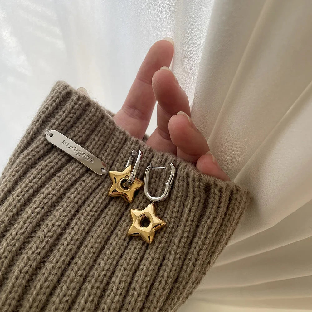 Lucky Star Stainless Steel Star Earrings — French Oval Five-Pointed Design, Long-Lasting Color