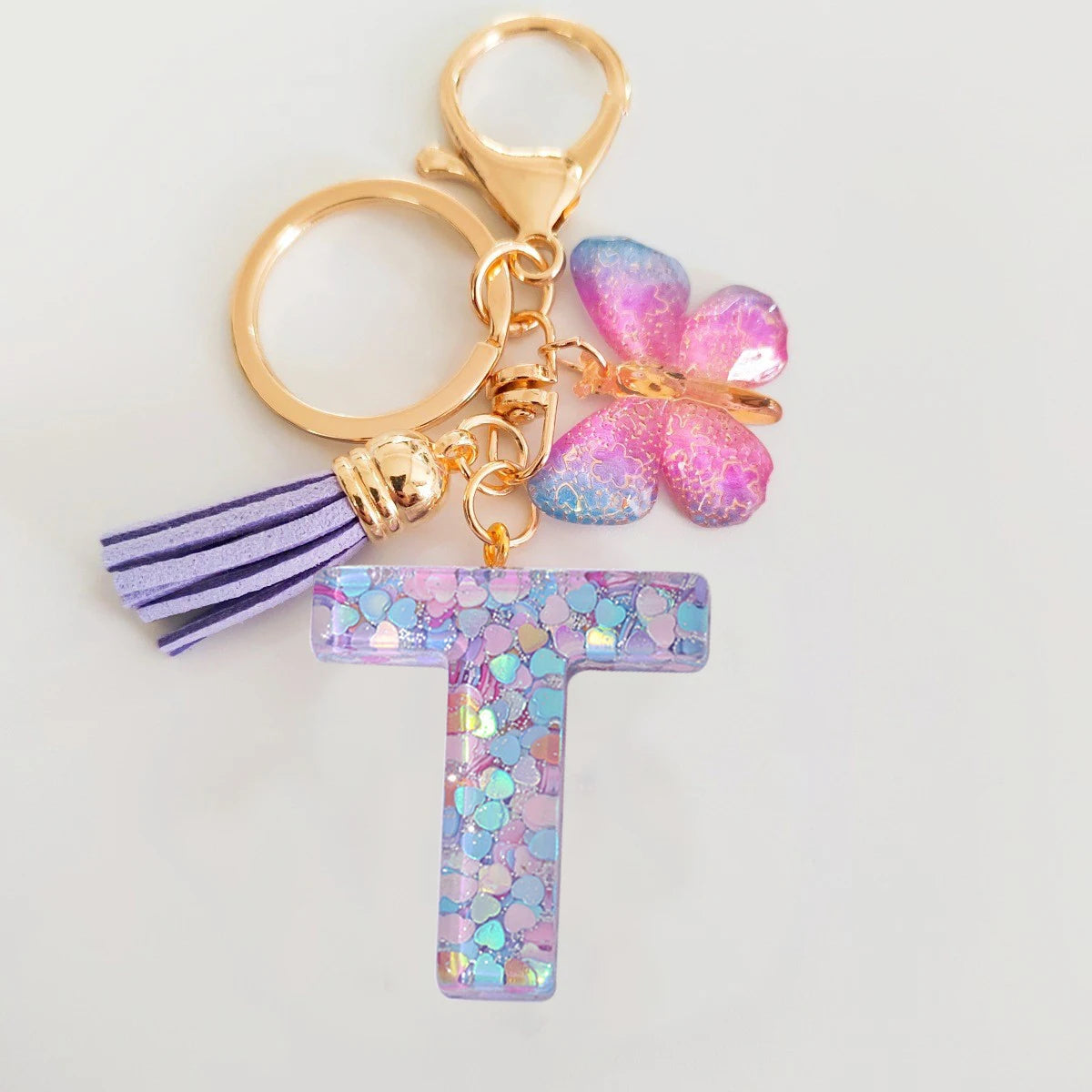 Butterfly Initial Keychain - Fringe Sequin A-Z Letter Bag Charm for Women & Students