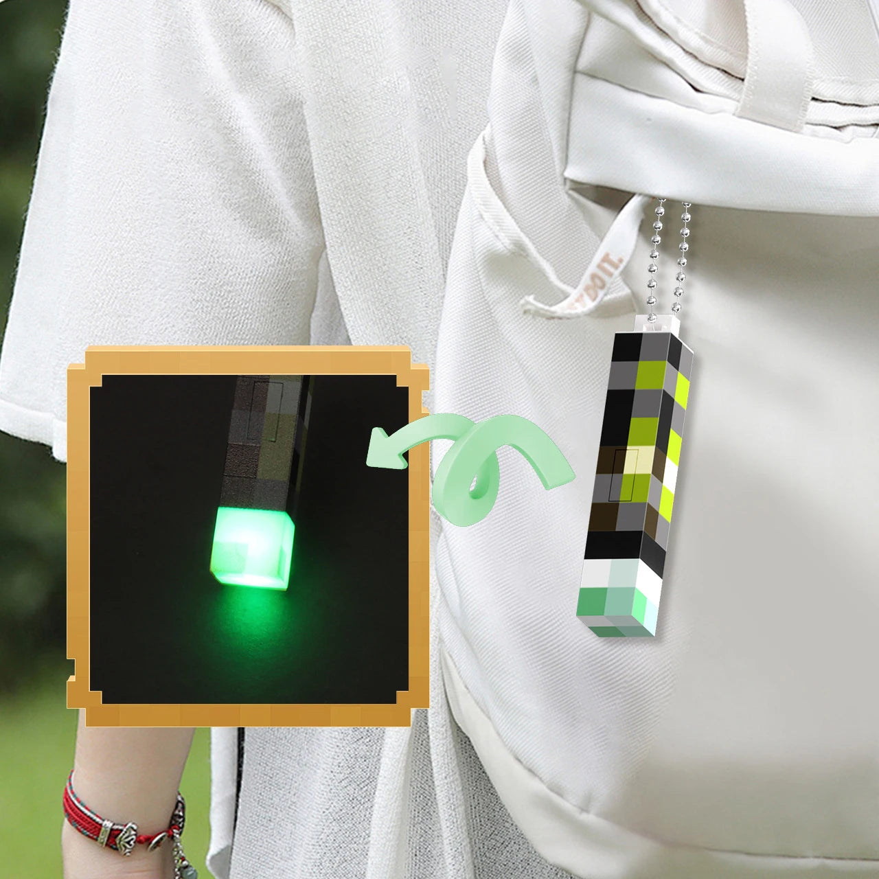 Pixel Mini Torch Keychain - USB Rechargeable LED Flashlight & Backpack Pendant Game Gift