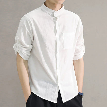 Men’s Stand Collar Short Sleeve Shirt - Spring Summer Casual Mid-Sleeve Plus Size Fashion Top