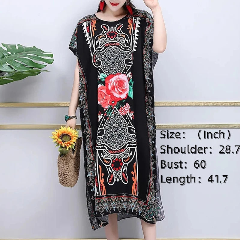 Women’s Bohemian Floral Tunic Dress - Retro Ethnic Print Batwing Sleeve Loose Summer Maternity Streetwear