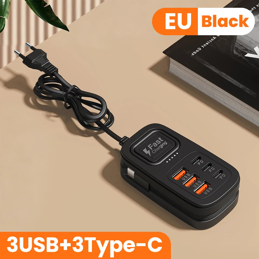 6-Port USB-C Charging Station – Fast-Charging Desktop Power Strip with 3 USB-C Ports, 3 USB-A Ports, and EU/UK/US Plug Options
