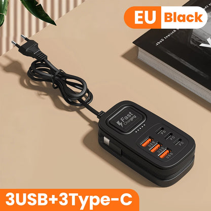 6-Port USB-C Charging Station – Fast-Charging Desktop Power Strip with 3 USB-C Ports, 3 USB-A Ports, and EU/UK/US Plug Options