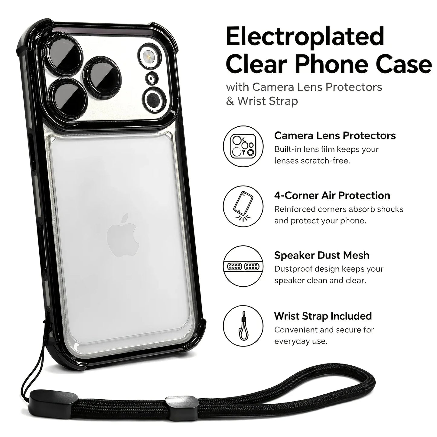 Luxury Clear Shockproof iPhone Case - Wrist Strap, Lens Protector & Protective Cover