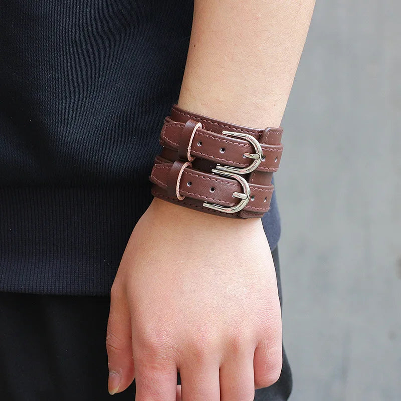 Men’s Genuine Leather Bracelet - Wide Adjustable Vintage Punk Friendship Jewelry with Buckle Closure