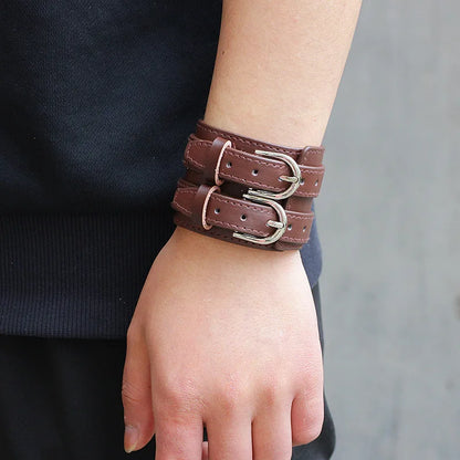 Men’s Genuine Leather Bracelet - Wide Adjustable Vintage Punk Friendship Jewelry with Buckle Closure