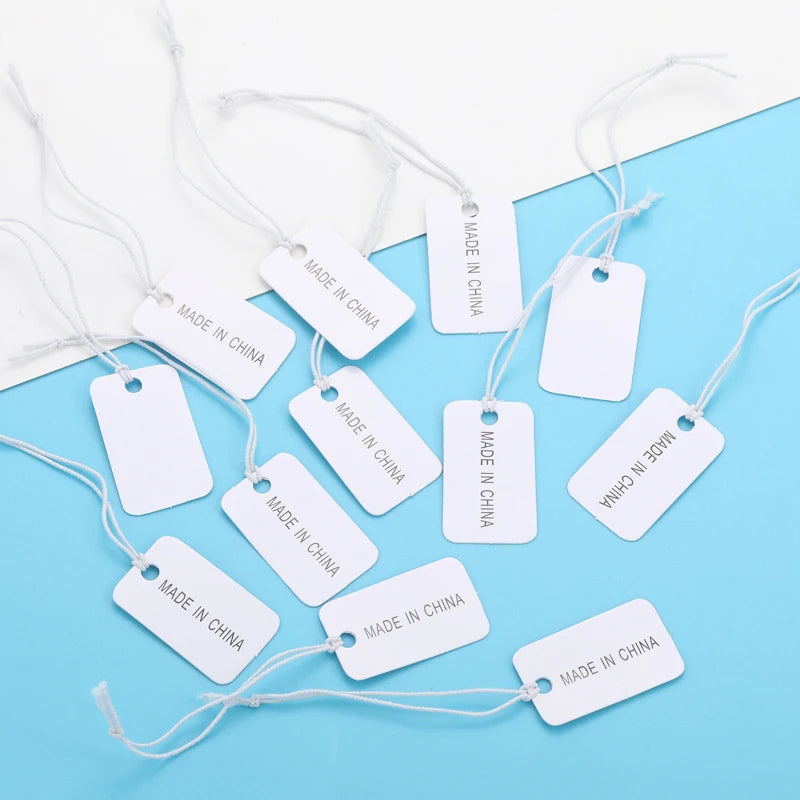 100PCS Small Jewelry Labels — DIY Blank Kraft Paper Tags with White Elastic Line, Multi-Size Price Tags X13