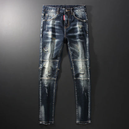 Streetwear Men’s Slim Fit Ripped Jeans – Retro Black & Blue Spliced Denim with Designer Embroidery, Hip Hop Fashion