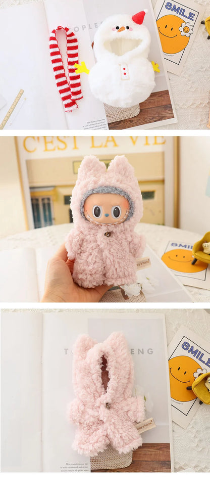 17cm Labubu Mini Plush Doll Outfit – Cute Blue Shark & Snowman Jumpsuit Accessories for V1/V2 Dolls, Gift for Kids