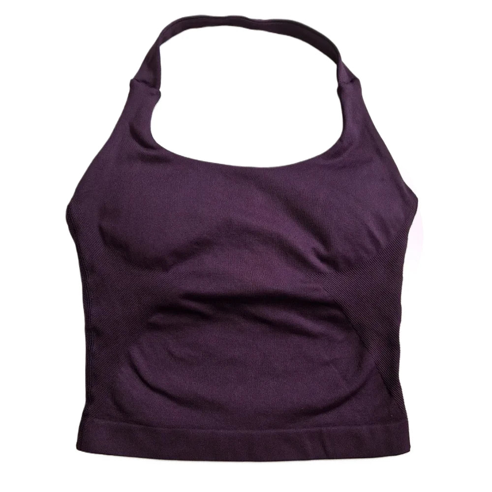 Women’s Strappy Gym Tank Top – Padded Sports Bra Backless Seamless Yoga Crop Top Halter Fitness Vest Activewear