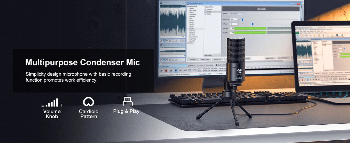 FIFINE K669 USB Condenser Microphone – Metal Recording Mic with Gain Knob for Home Studio, Podcasting & Voice-over