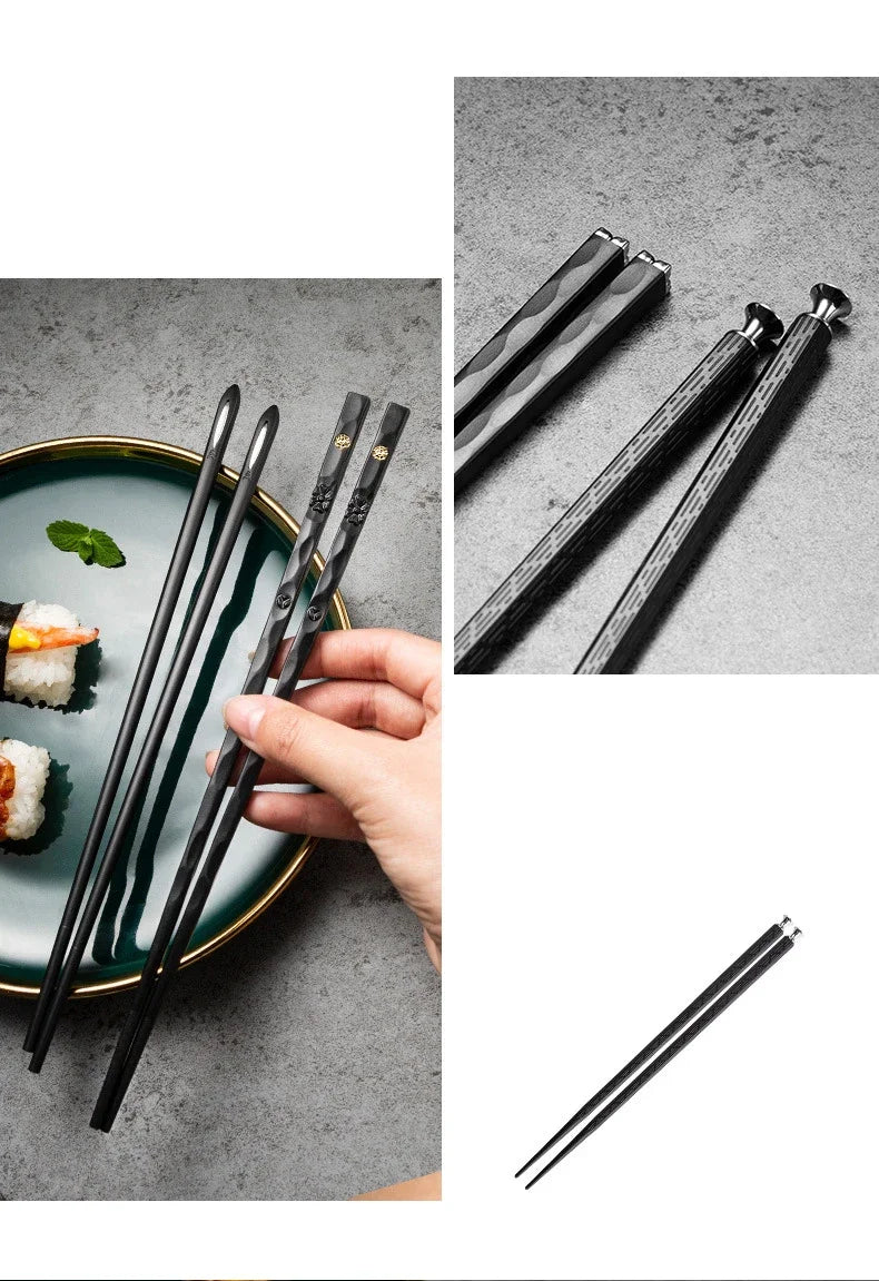 5 Pairs Japanese Reusable Chopsticks – Black Sushi Sticks for Food, Noodles, Alloy Chinese & Korean Kitchen Tableware