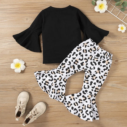 2PCS Baby Girl Clothes Set - Black Pullover Top & Leopard Print Bell-Bottoms, Autumn Outfit for 2-8 Years Old