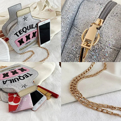 Ladies Fashion Laser Sequin Letter Wine Bottle Crossbody Shoulder Bag – Creative Personalized Design