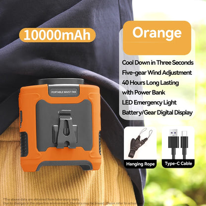 20000mAh Outdoor Portable Waist Fan - Hanging Neck Fan with Strong Wind, Power Bank & LED Lighting for Sports & Outdoor Work