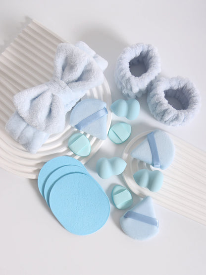 15Pcs Multi-Colored Fluffy Headband & Makeup Sponge Set - Sweet Style Beauty Essentials