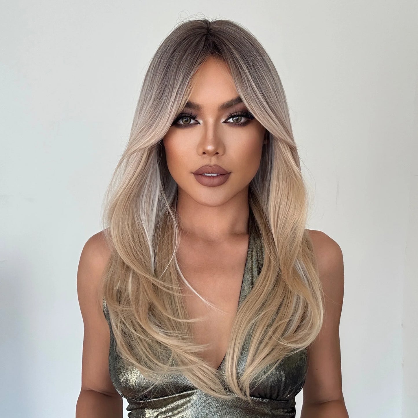 Long Straight Layered Blonde Wig with Platinum Highlights — Synthetic Hair with Bangs, Heat-Resistant for Women Daily & Cosplay
