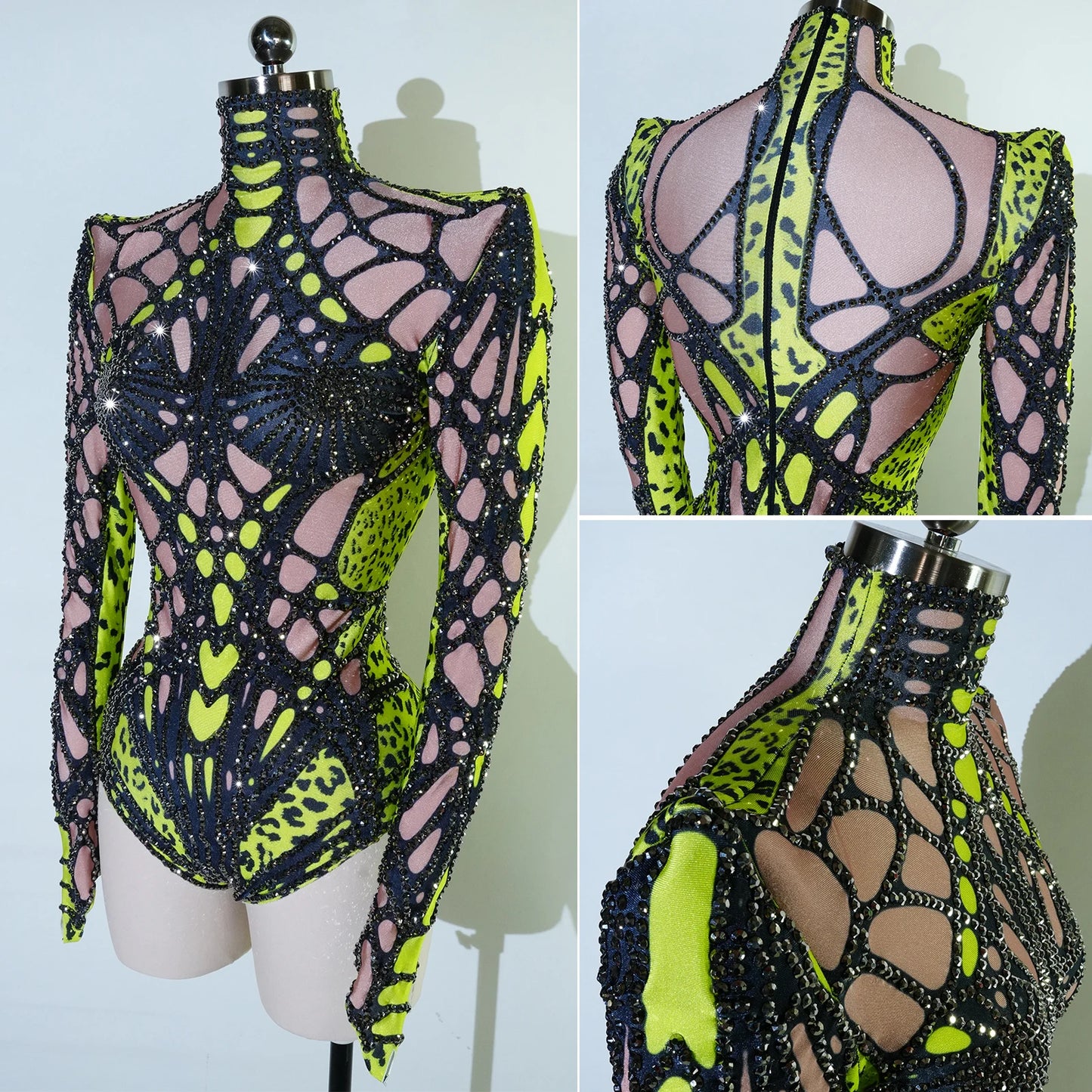 Sexy Sparkly Green Rhinestone Bodysuit – Stage Dance Costume for Party, Bar Show, Drag Queen, Cosplay & Halloween