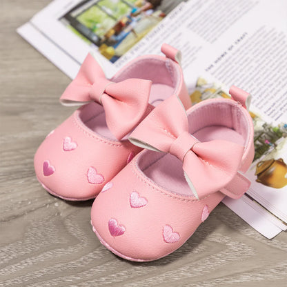 Baby Girls Shoes - Classic Dress Style with Cute Bow-Knot Heart, Anti-Slip Soft Sole First Walkers for Infants 0-18m