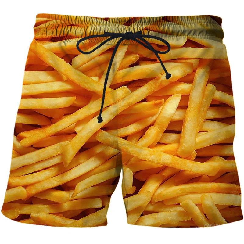 3D Sausage Print Beach Shorts - Funny Food Graphic Elastic Waist Swim Trunks for Men