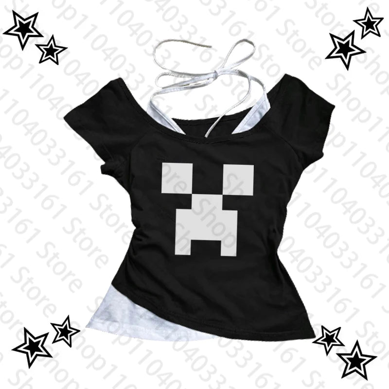 Y2K Cartoon Graphic Crop Top T-Shirt – Grunge Harajuku Aesthetic Slim Fit Emo Gothic Punk Baby Tee for Women