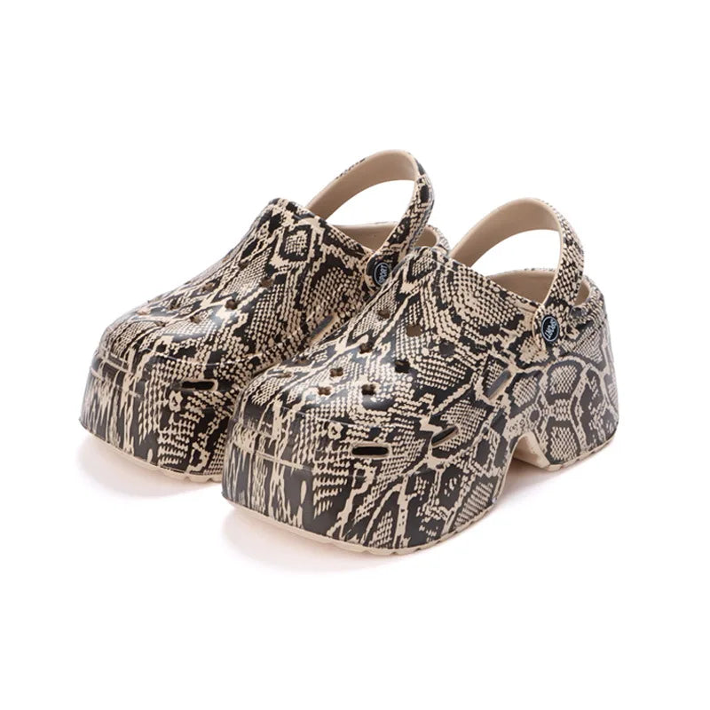 Women’s Leopard Print Platform Clogs - Closed-Toe Chunky Heel Sandals for Summer, Beach, and Streetwear Fashion