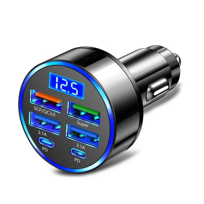 66-250W PD Car Charger – QC3.0 Fast Charge, 1-to-6 Cigarette Lighter Plug with Digital Display