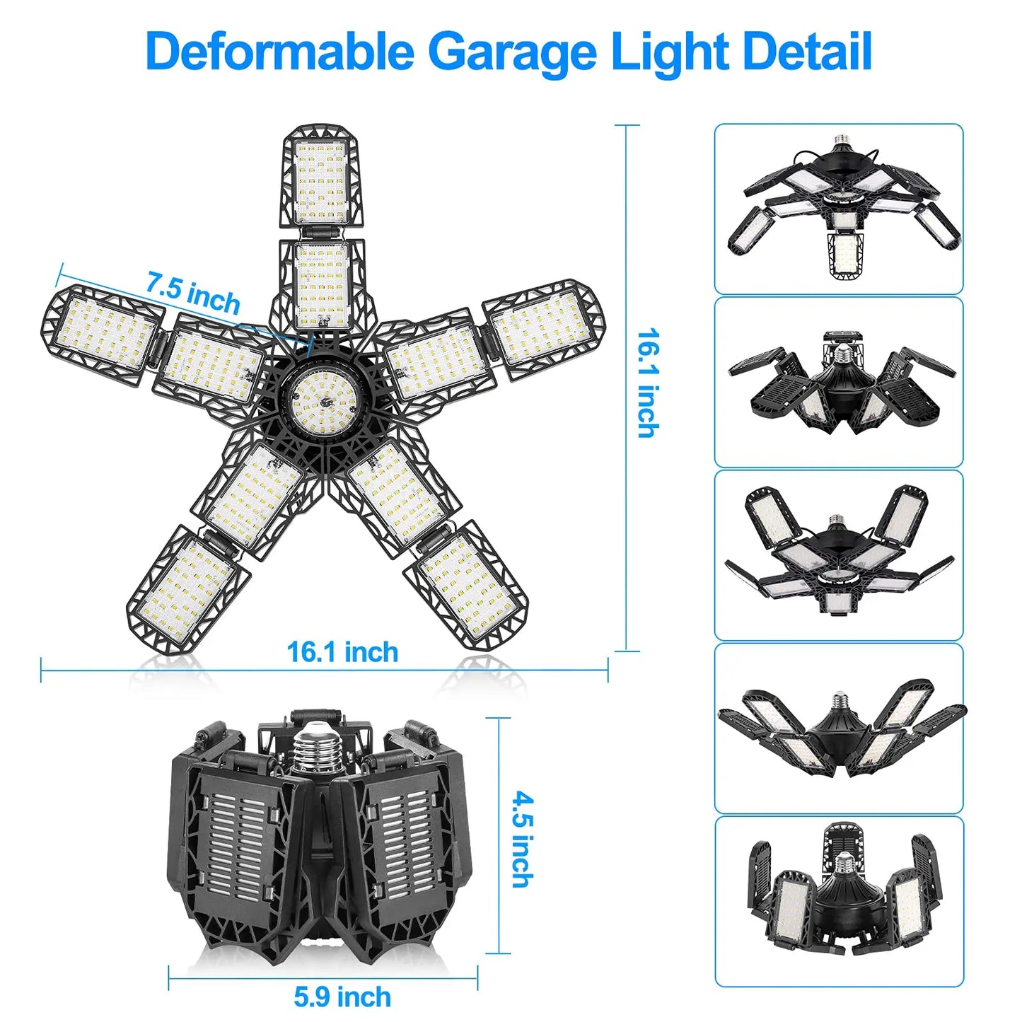 LED Garage Lights: 10 Adjustable Panels E26/E27 Ceiling Shop Work Lamp - 80W 150W 6500K Bulb for Industrial Workshop Lighting
