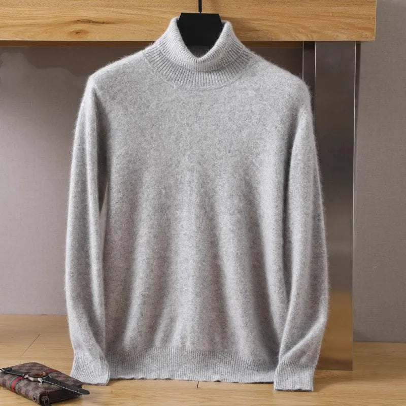 Men's Pure Mink Velvet Cashmere Sweater - High Lapel Long Sleeve Knitted Winter Luxury Pullover Top