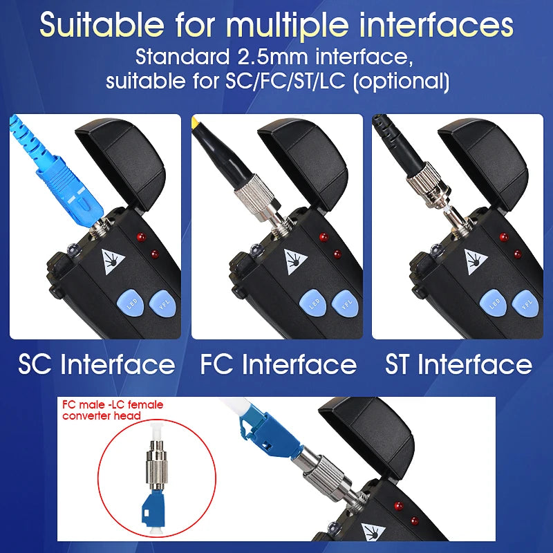Rechargeable VFL Fiber Optic Cable Tester | Visual Fault Locator | Optional Power Levels (1/15/30/50mW) | Compatible with SC/FC/ST Connectors