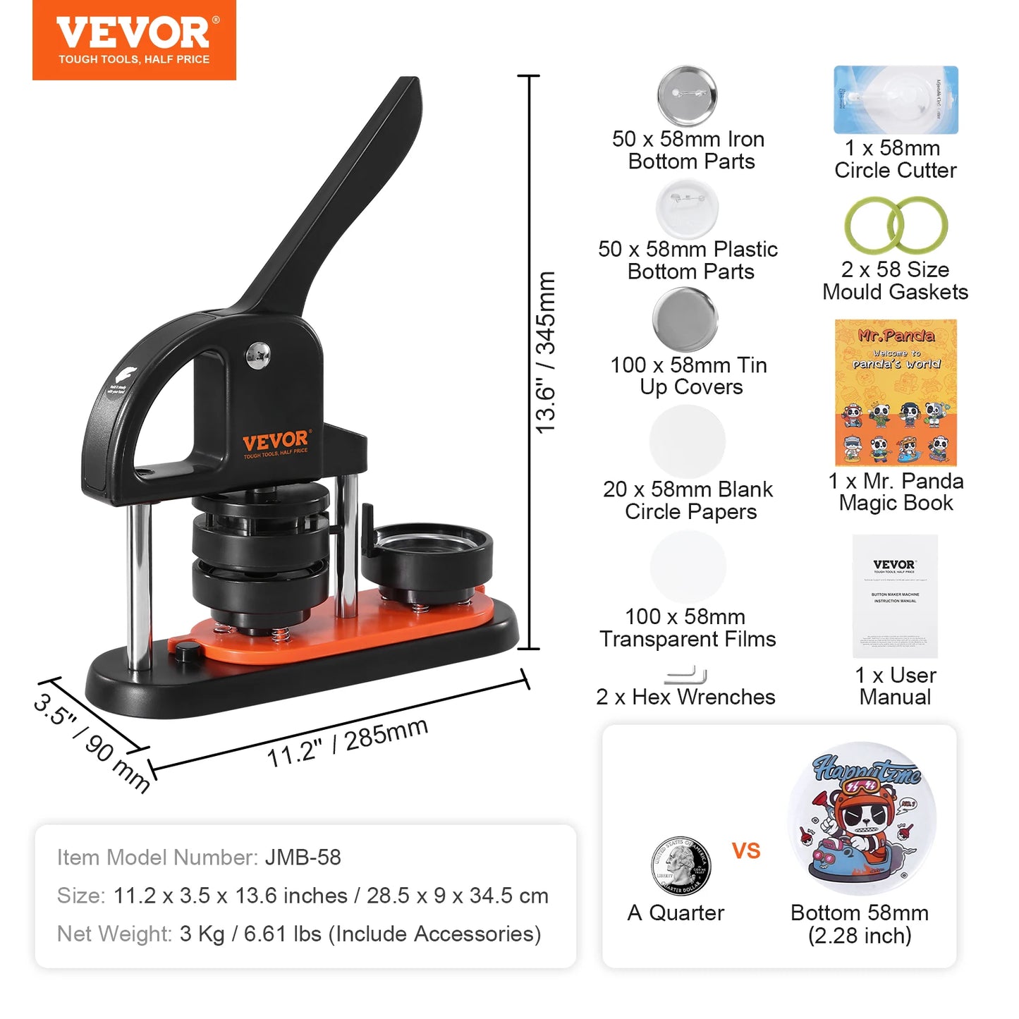 VEVOR Button Maker Machine — 25/32/58mm Pin Maker with Parts, Ergonomic Arc Handle Punch Press Kit