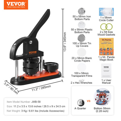 VEVOR Button Maker Machine — 25/32/58mm Pin Maker with Parts, Ergonomic Arc Handle Punch Press Kit