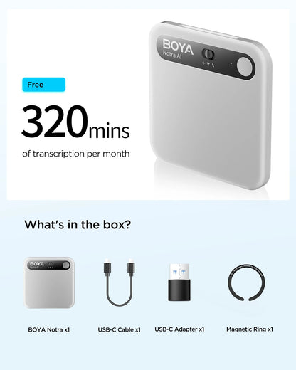 BOYA Notra AI Voice Recorder – Smart Portable Dictaphone with AI Noise Reduction, Voice Activated Recording for Meetings, Lectures & Business Use