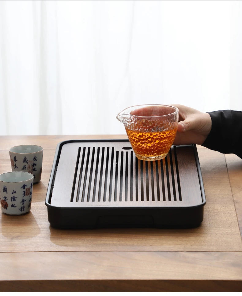 Square Bamboo Tea Tray with Drainage — Elegant Kung Fu Tea Set Tablett for Adults, Simple Chaban Tray for Tea Parties