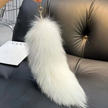 Natural Fox Fur Tail Keychain – 40cm Furry Racoon Bag Charm & Fluffy Keyring Accessory for Women