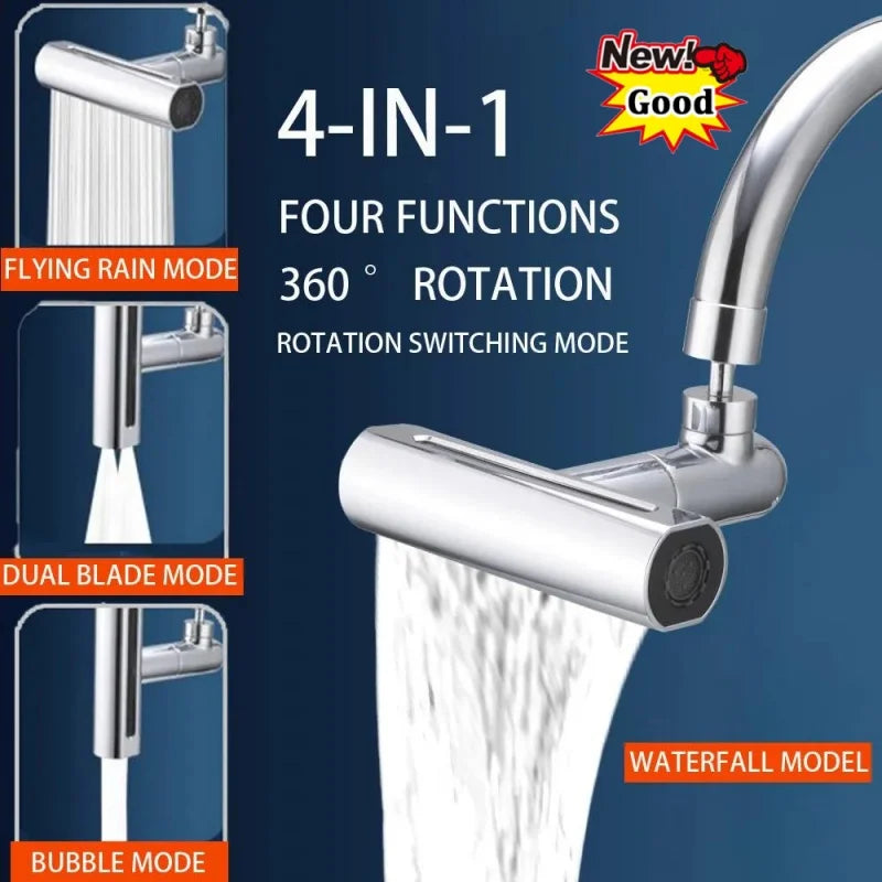 720° Swivel Waterfall Kitchen Faucet with 4 Modes - Universal Spout Sprayer for Bathroom Basin. Rainfall Sink Mixer & Tap Extender