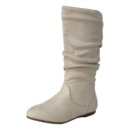 Pleated PU Women’s Fashion Boots – Casual Side-Zip Round Toe Flat High Solid Color Boots