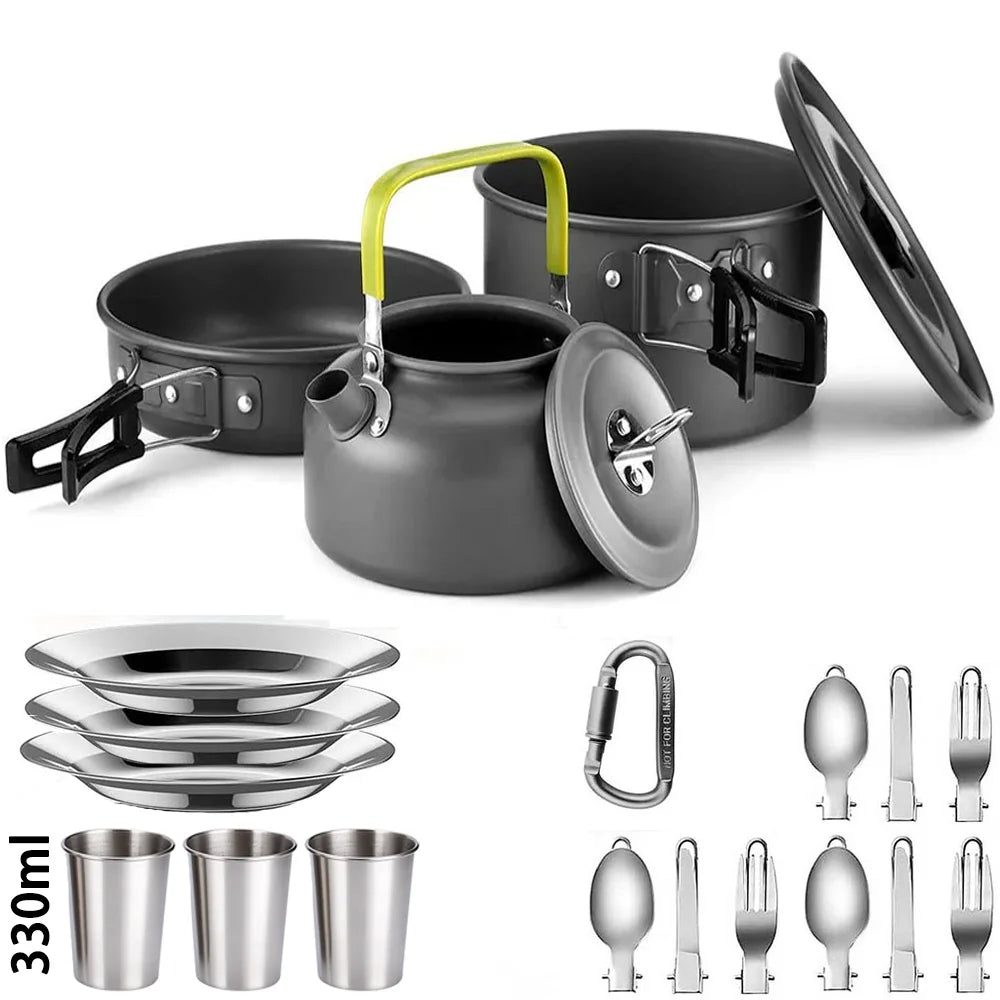Camping Cookware Set — Non-Stick Cooking Pots, Teapot & Travel Tableware for 2-3 People, Outdoor Picnic Set