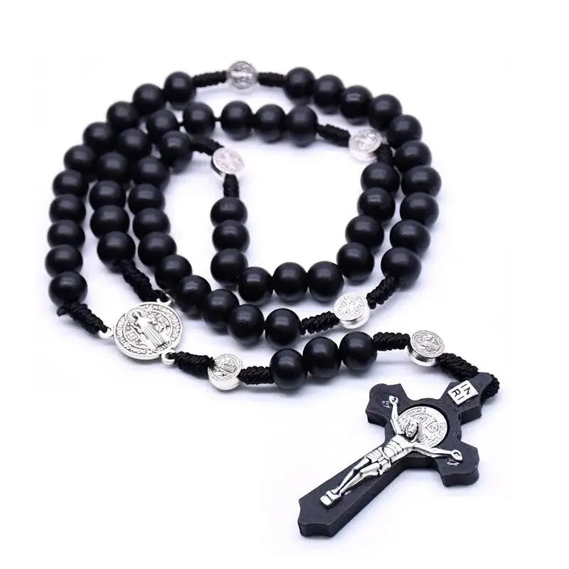 Antique Black Wooden Rosary Car Pendant – Jesus Saint Benedict Cross Beaded Hanging Religious Jewelry for Men & Women