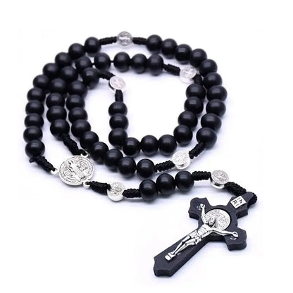 Antique Black Wooden Rosary Car Pendant – Jesus Saint Benedict Cross Beaded Hanging Religious Jewelry for Men & Women