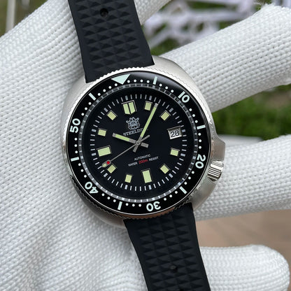 Steeldive SD1970 Men’s Automatic Dive Watch — 200M Waterproof, White Date Background, AR Coating Sapphire Glass, NH35 Black Dial Turtle Design