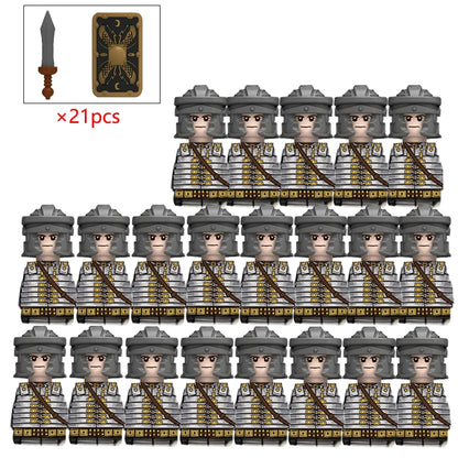 21PCS MOC Medieval Knights & Roman Legion Soldiers Building Blocks Set Warrior Figures with Weapons Helmet Bricks Toy Collection