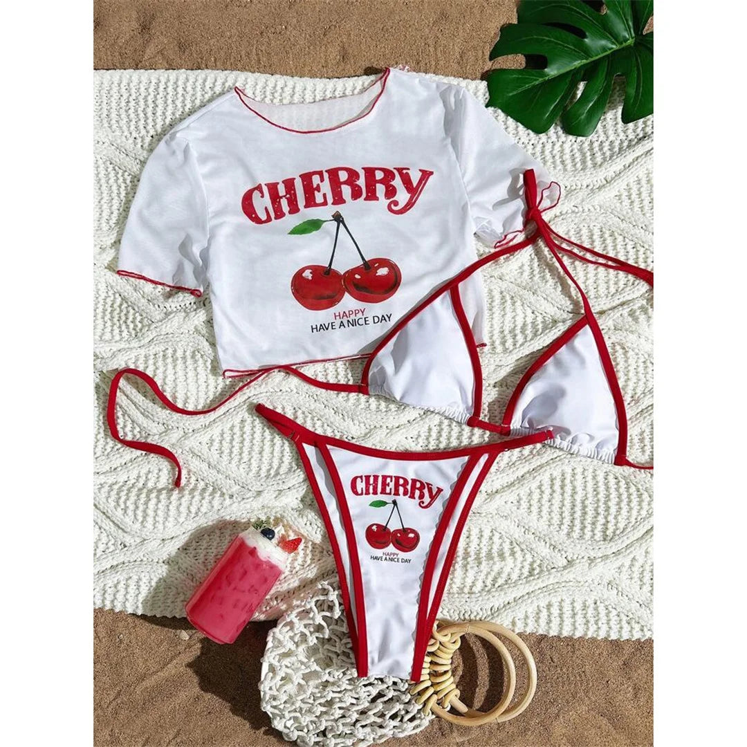 Women’s Cherry Print Three-Piece Bikini Set — Short Sleeve Swimsuit XS-L
