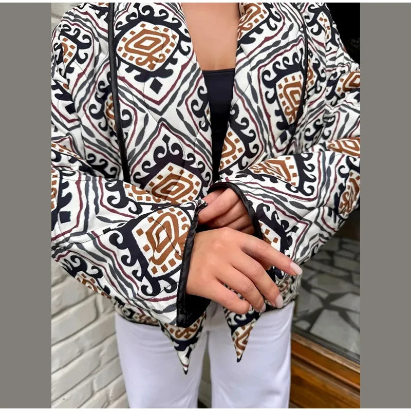 2025 Women’s Printed Quilted Padded Jacket – Collared Cotton Coat with Contrast Piped Pockets, Casual Autumn Outerwear